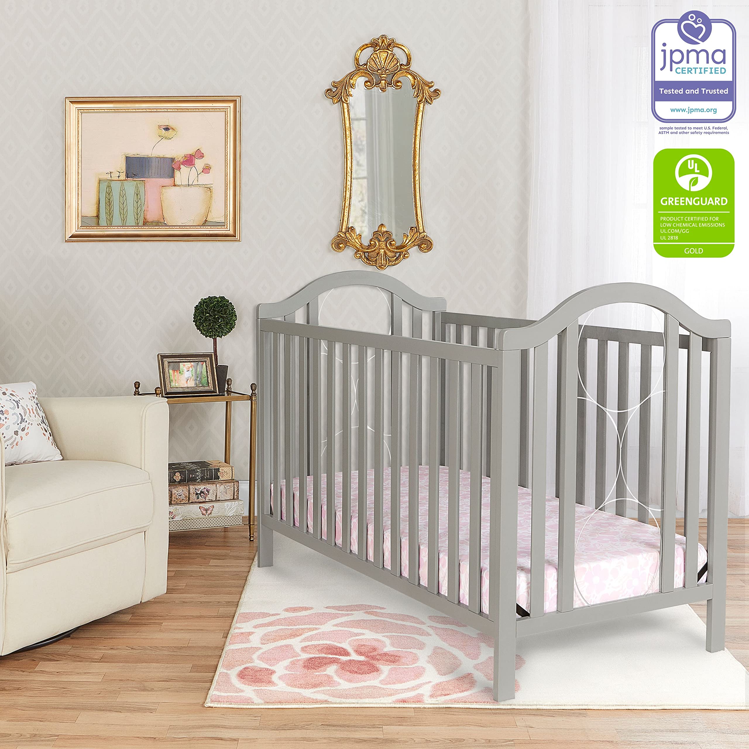 On Me Pacific Acrylic Convertible Crib In Cool Grey, Greenguard Gold Certified, Made Of Durable And Sustainable Pinewood, Three Mattress Height Settings