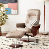 Milano Modern Bendwood Brown Leather Swivel Recliner with Ottoman, Latte