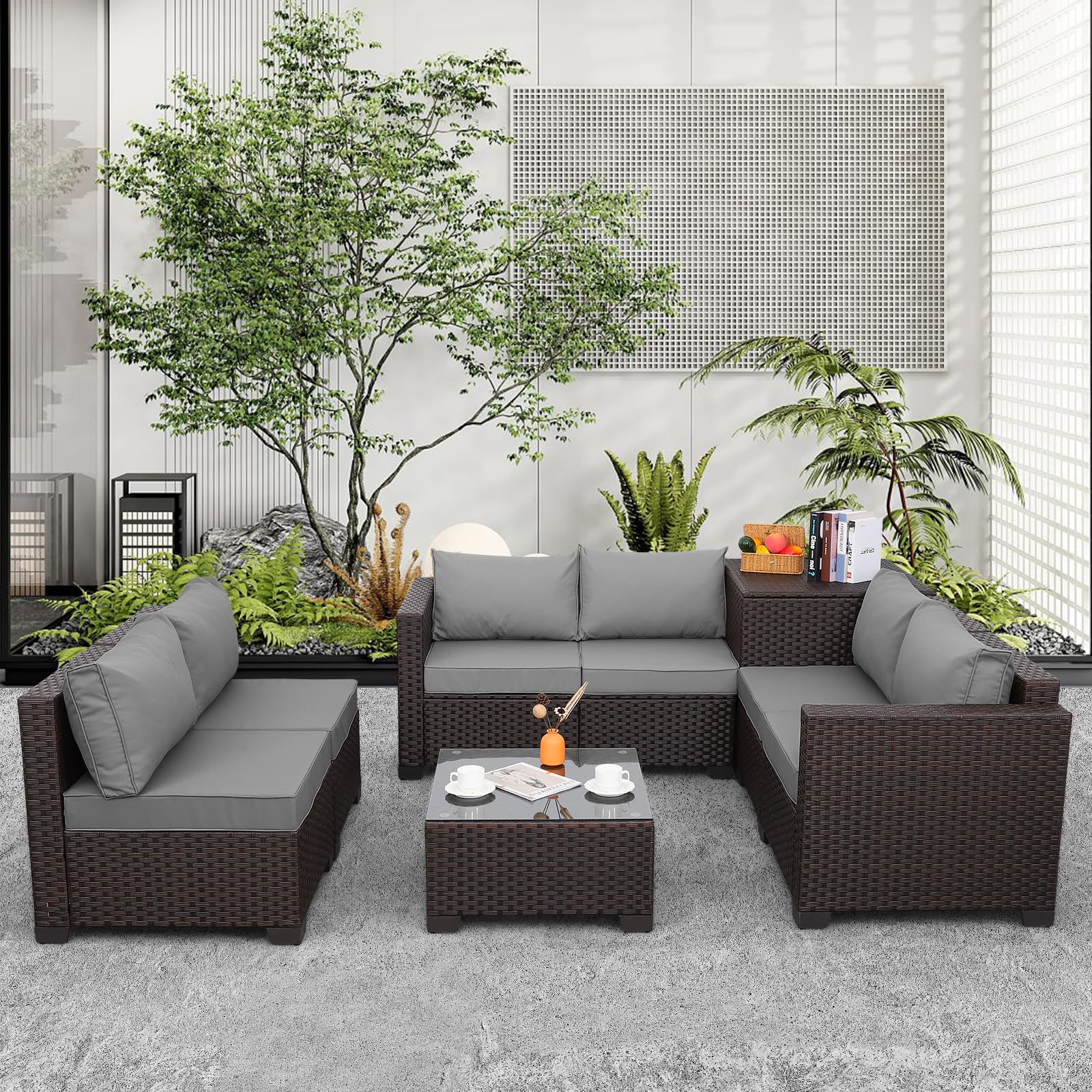 Wicker Patio Furniture 6 Pieces Outdoor Sectional Sofa Patio Conversation Sets