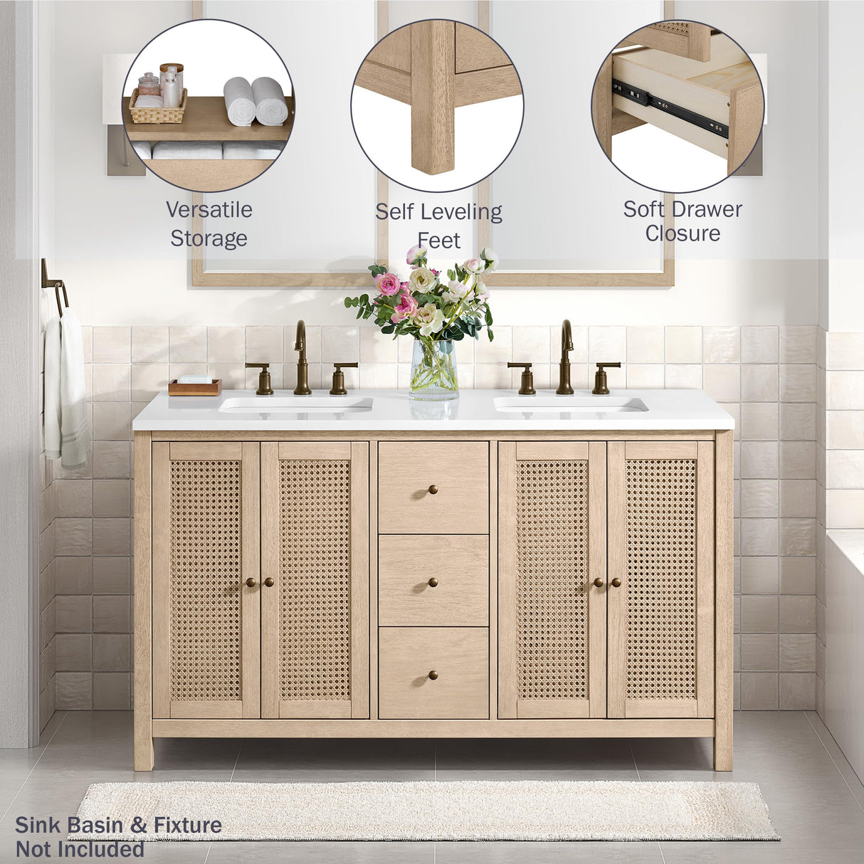 Lucca 60 Inch Bathroom Vanity Double Sink - Freestanding Cabinet Without Top - Wood Bathroom Vanity