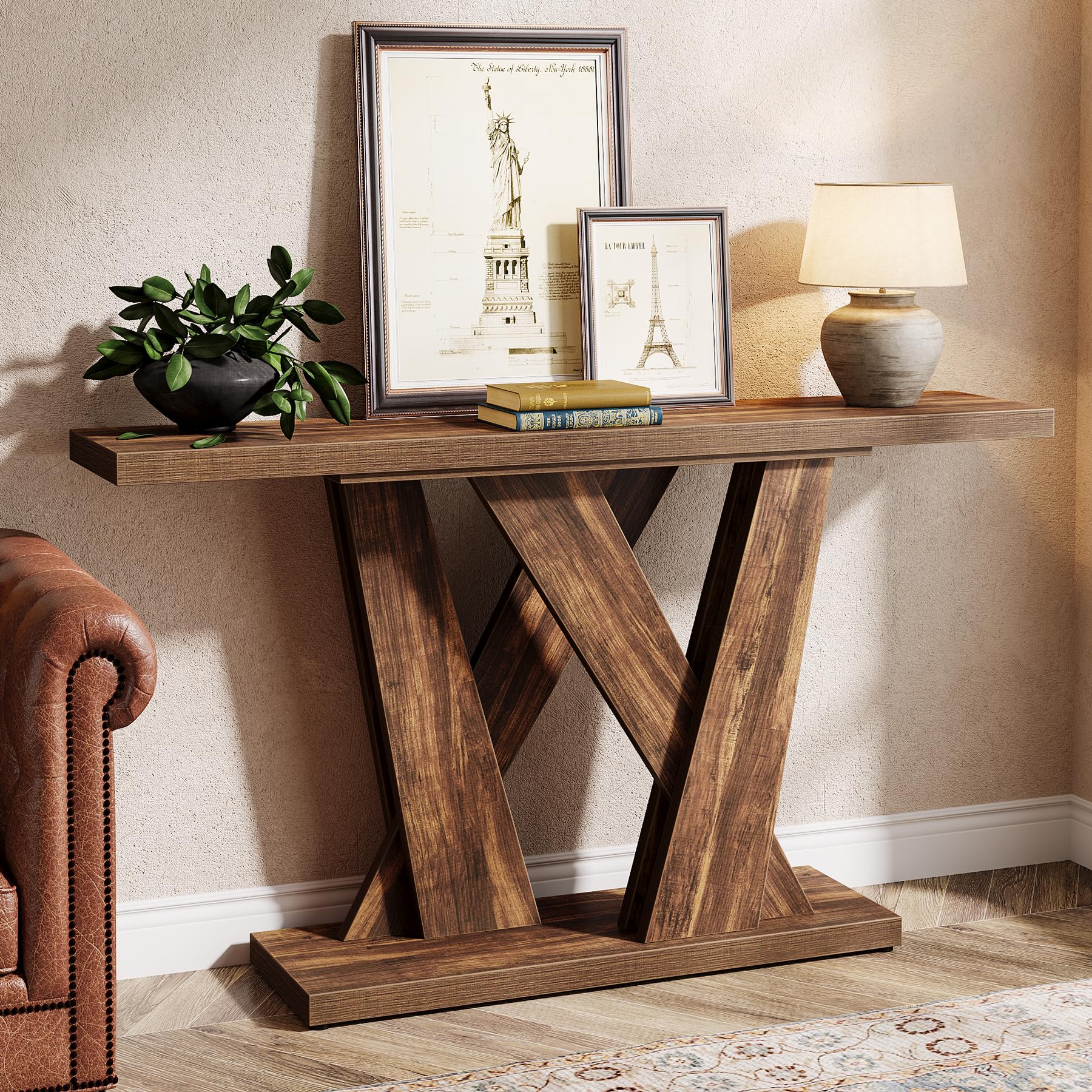 55-Inch Farmhouse Console Table with Geometric Base - Rustic Brown