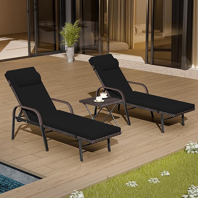 Patio Chaise Lounge Set 3 Pieces Outdoor Lounge Chair with Rattan Adjustable Backrest