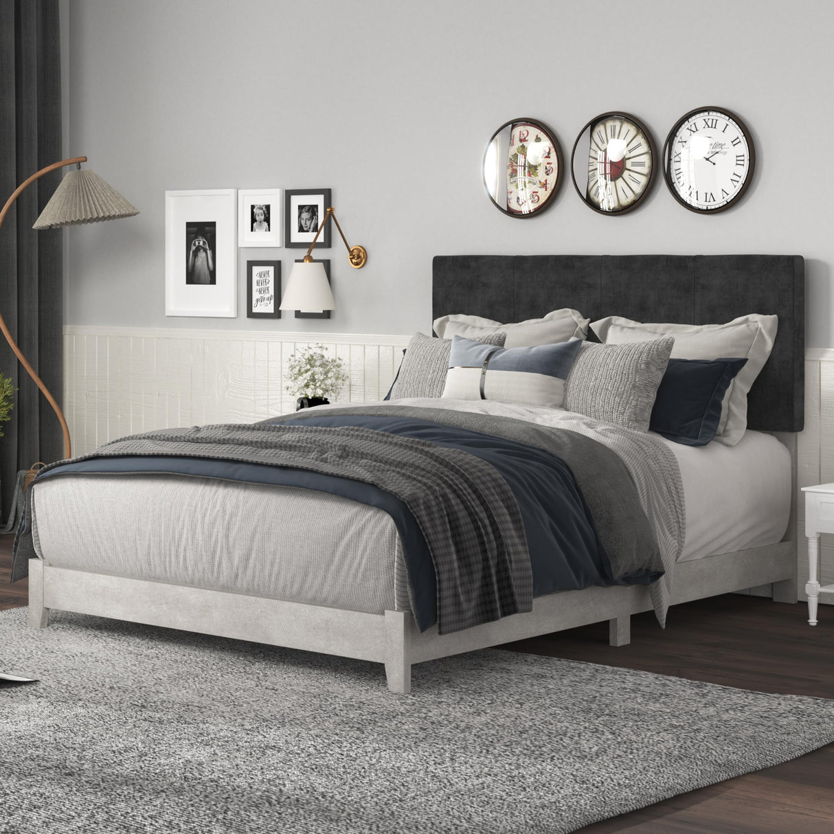 Wood Queen Bed Frame with Velvet Headboard, Wood Slat Support