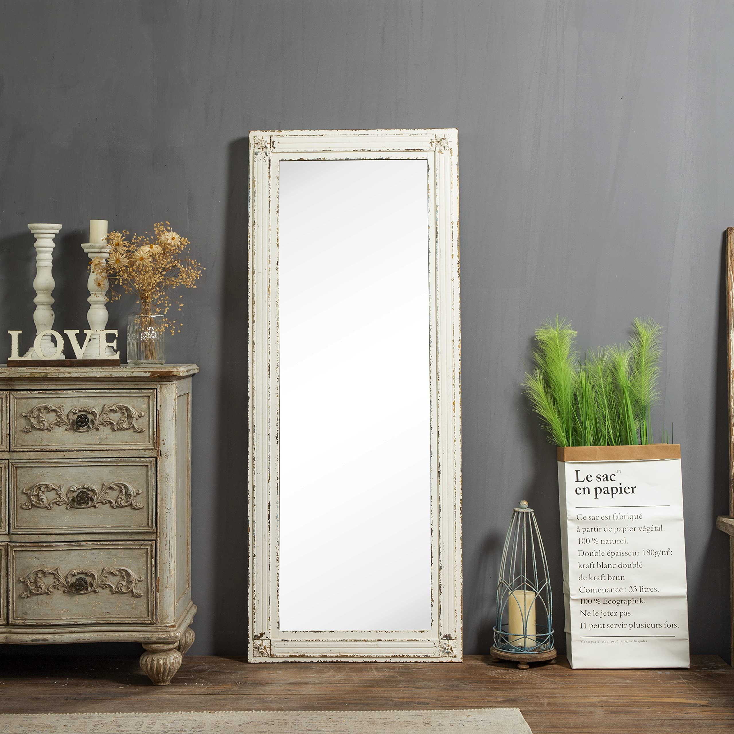 Rustic Full Length Mirror with Stand 60" x 24", Hanging White Farmhouse Big Mirror Full Body
