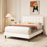 Full Size Upholstered Platform Bed Frame with Button Tufted Velvet Headboard Wood