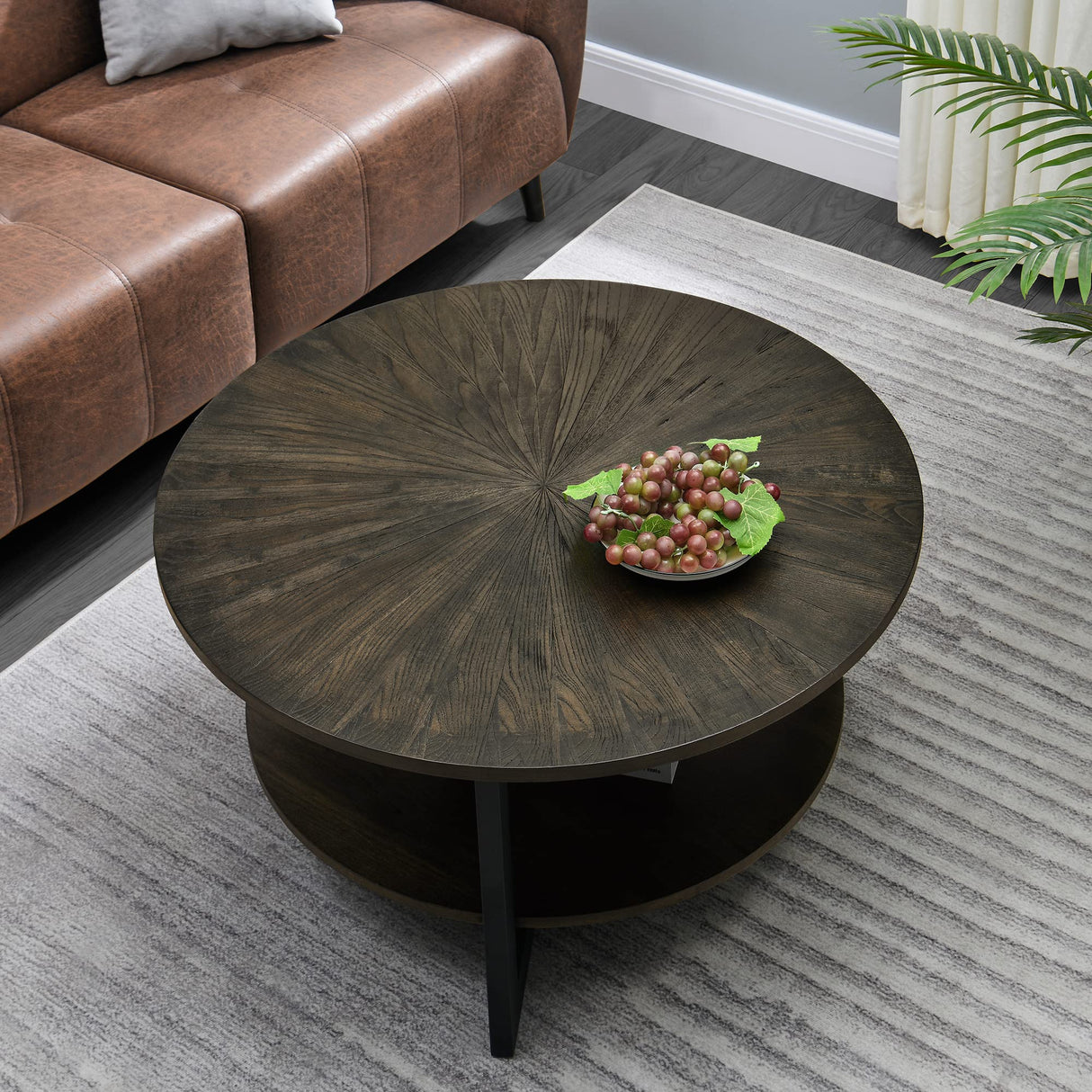 Round Coffee Table with Storage Shelf, Farmhouse Living Room Cocktail Table