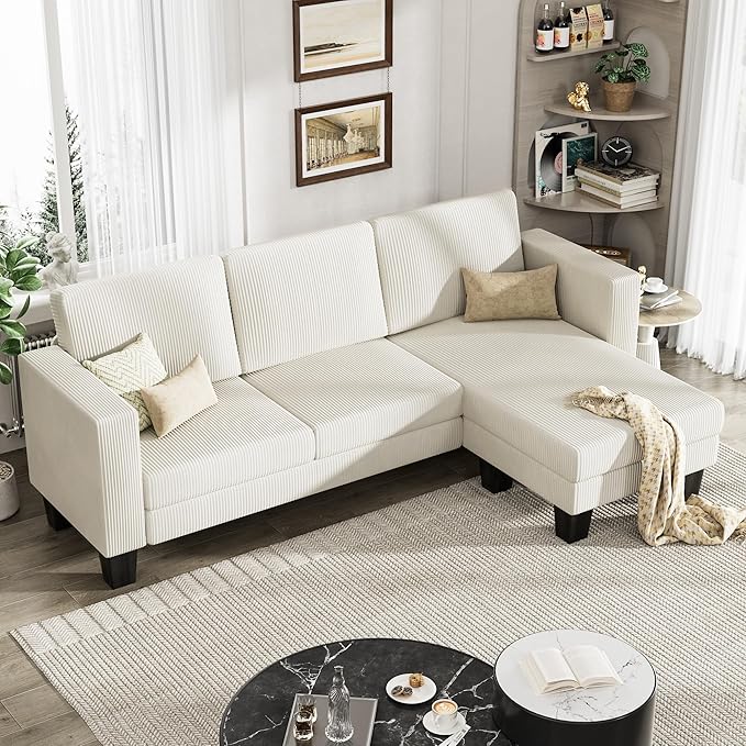 L-Shaped Convertible Sectional Sofa 3 Seater with Corduroy Fabric