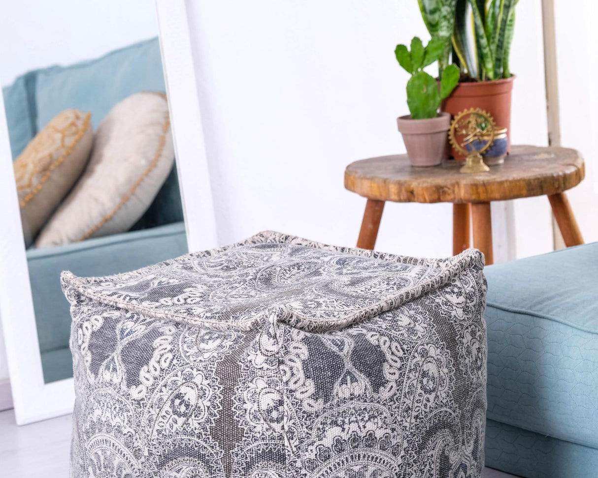 ART Parsley Gray Cube Bean Bag Cover- 20x20x20 inches –Luxury Pouf Ottoman, Room