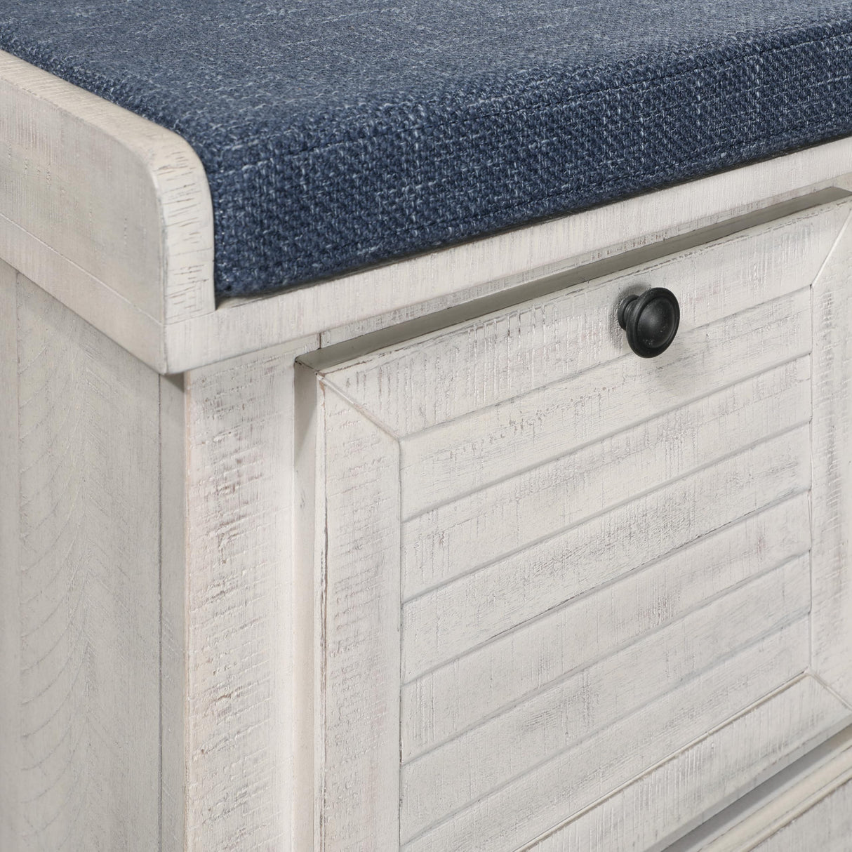 Dover Coastal Lift-Top Storage Bench with Shutter Face Styling, Distressed White Finish