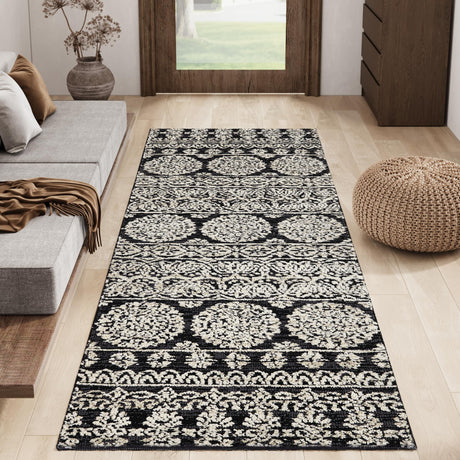 jinchan 2x5 Boho Runner Rug Machine Loomed Hallway Rug Bohemian Woven Rug Accent Rug Indoor Vintage Floral Rug Retro Carpet Soft Luxury Rug Washable Kitchen Bedroom Laundry Room, Black and White