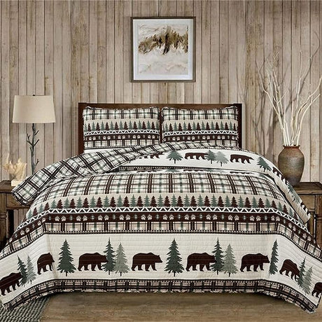 3 Piece Reversible Quilt Set with Sham | Queen Cabin Comforter Set | Rustic Bear Buffalo