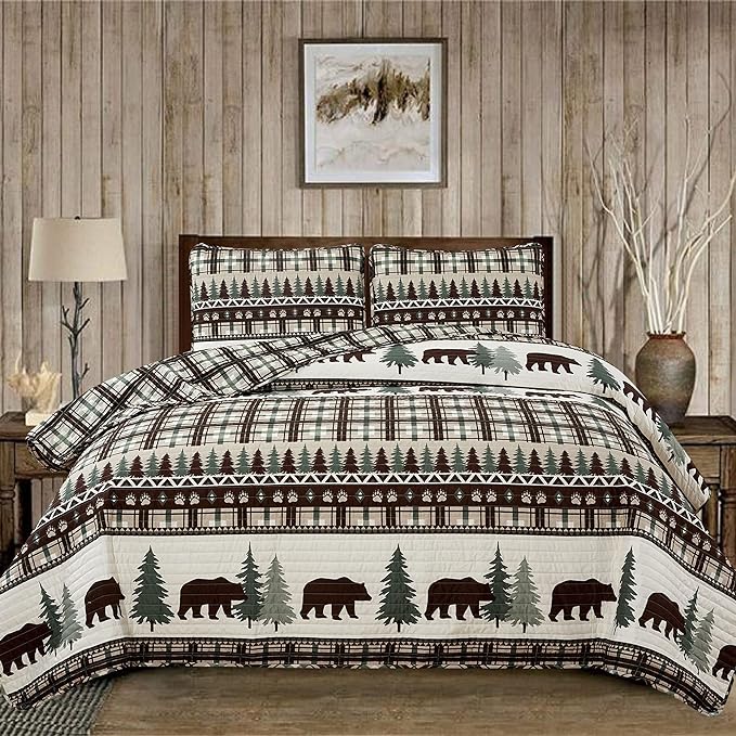 2 Piece Reversible Quilt Set with Sham | Twin Cabin Comforter Set | Rustic Bear