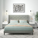 Huppe Upholstered Platform Bed Frame/Button Tufted MCM Wingback/Mattress