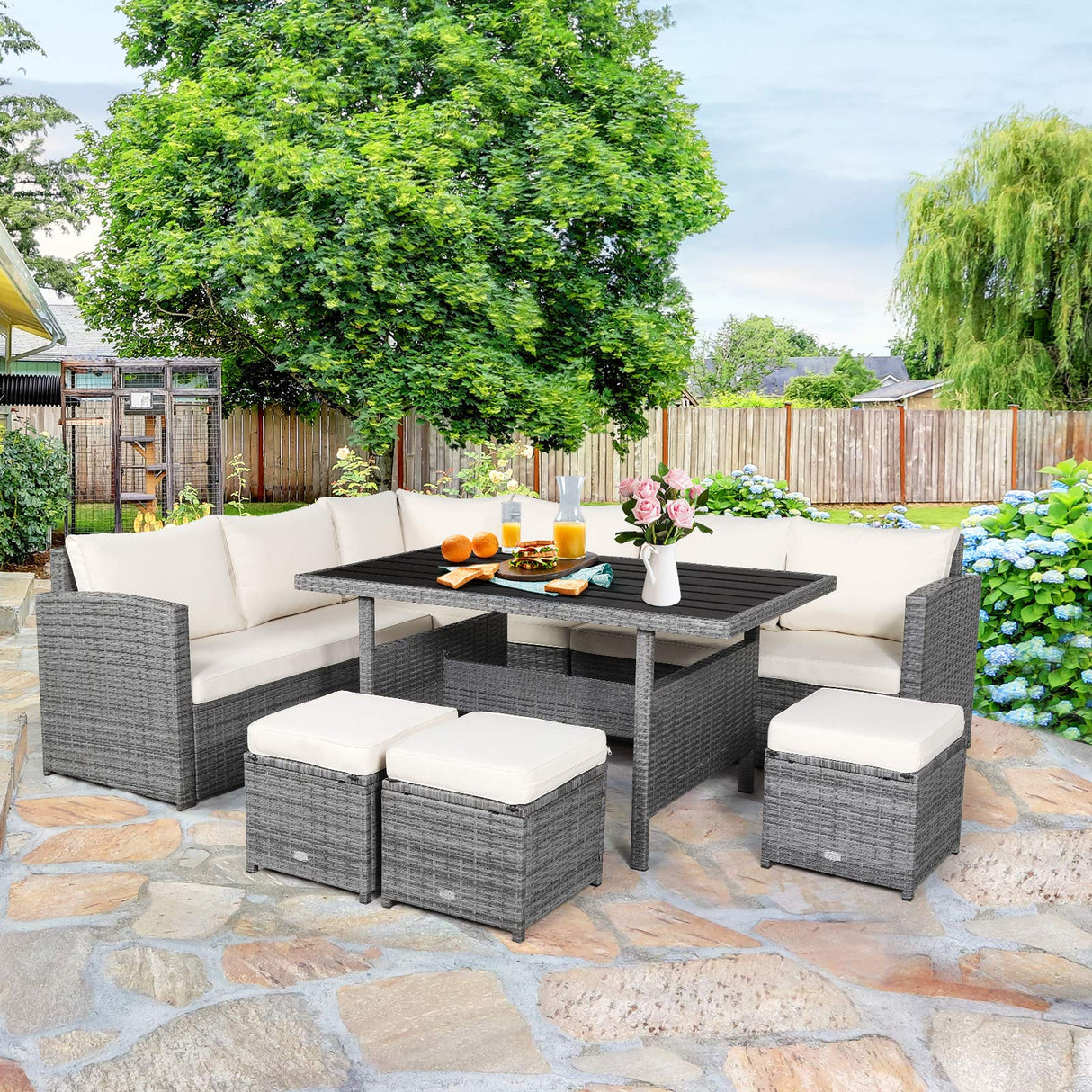 7 PCS Wicker Patio Furniture Set, Outdoor Rattan Sofa Set with Dining Table & Ottomans Soft