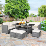 7 PCS Wicker Patio Furniture Set, Outdoor Rattan Sofa Set with Dining Table & Ottomans Soft