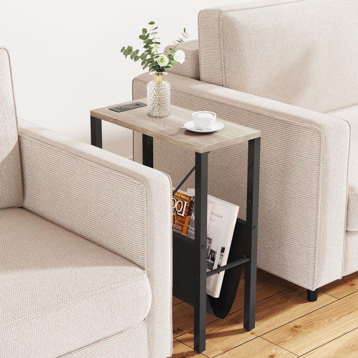 Narrow Side Tables Set of 2 with Charging Station, Small End Table with Storage Pouch