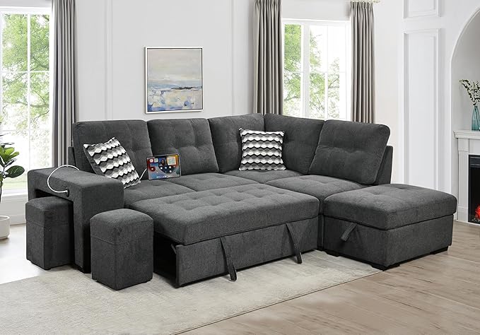 100 inch Linen Sectional Sleeper Sofa with Pull Out Bed, L Shaped Convertible Sectional