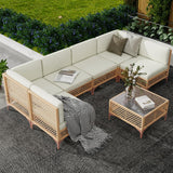 Noble House Grenada Outdoor Acacia Wood 7 Seater Sectional Sofa Set Teak/Blue