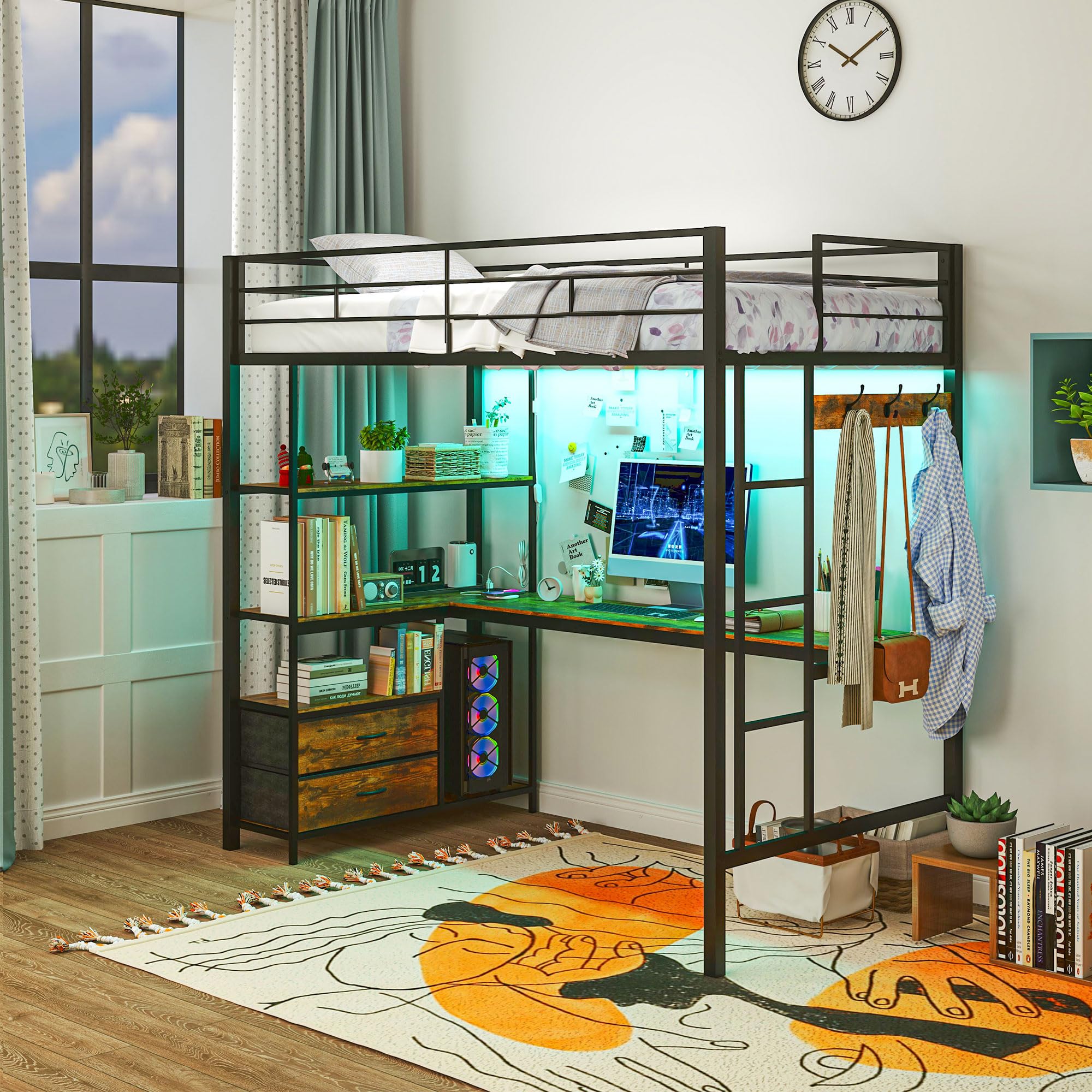 Twin Size with L-Shaped Desk, LED Lights, Charging Station, for Teens Adults, Twin Loft
