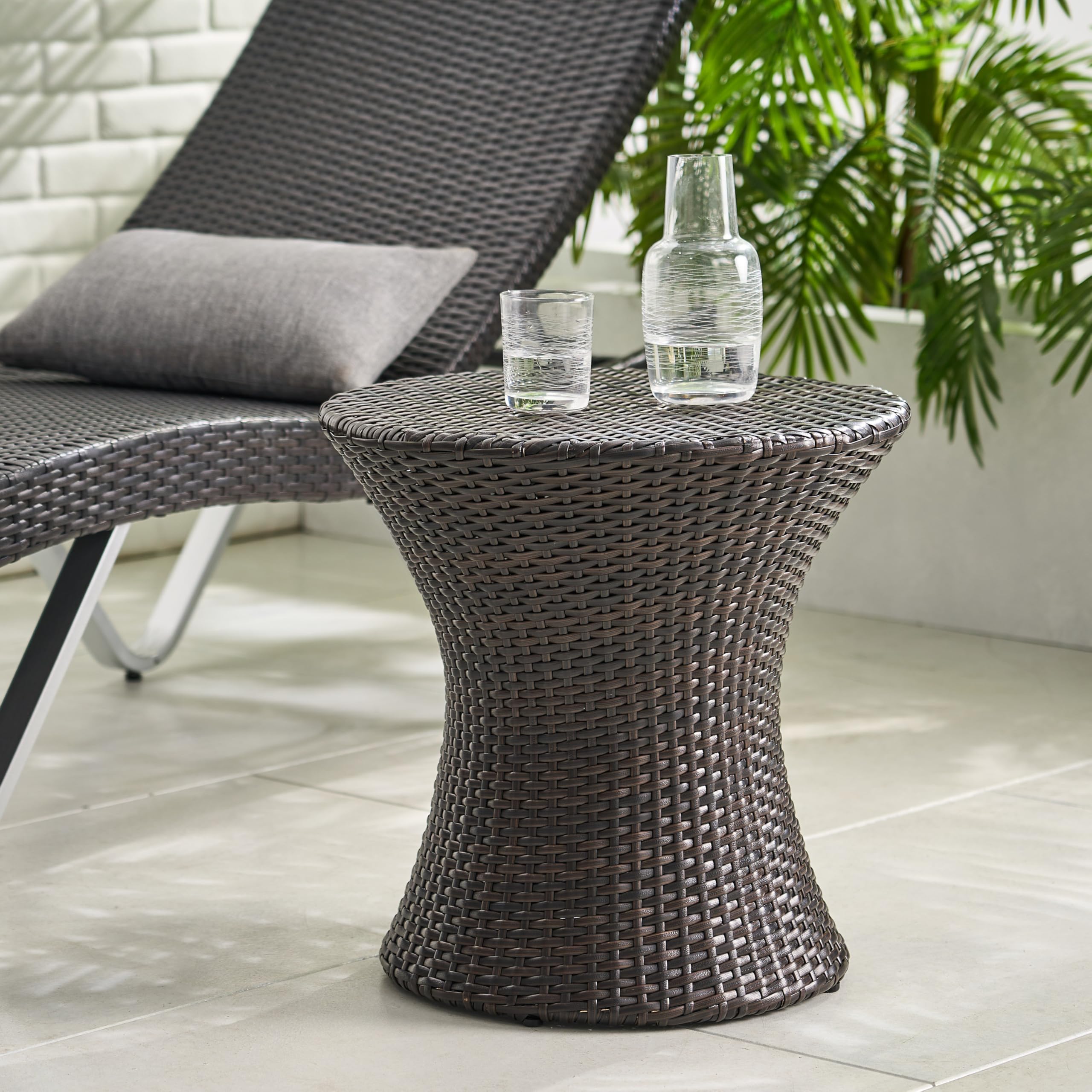 Ziraukon Outdoor PE Wicker Accent Table, Patio Rattan End Table Hourglass Wicker Accent Tables, Lightweight Outdoor Accent Tables for Drinks and Decor, No Assembly Required, Brown Multi - Bircata