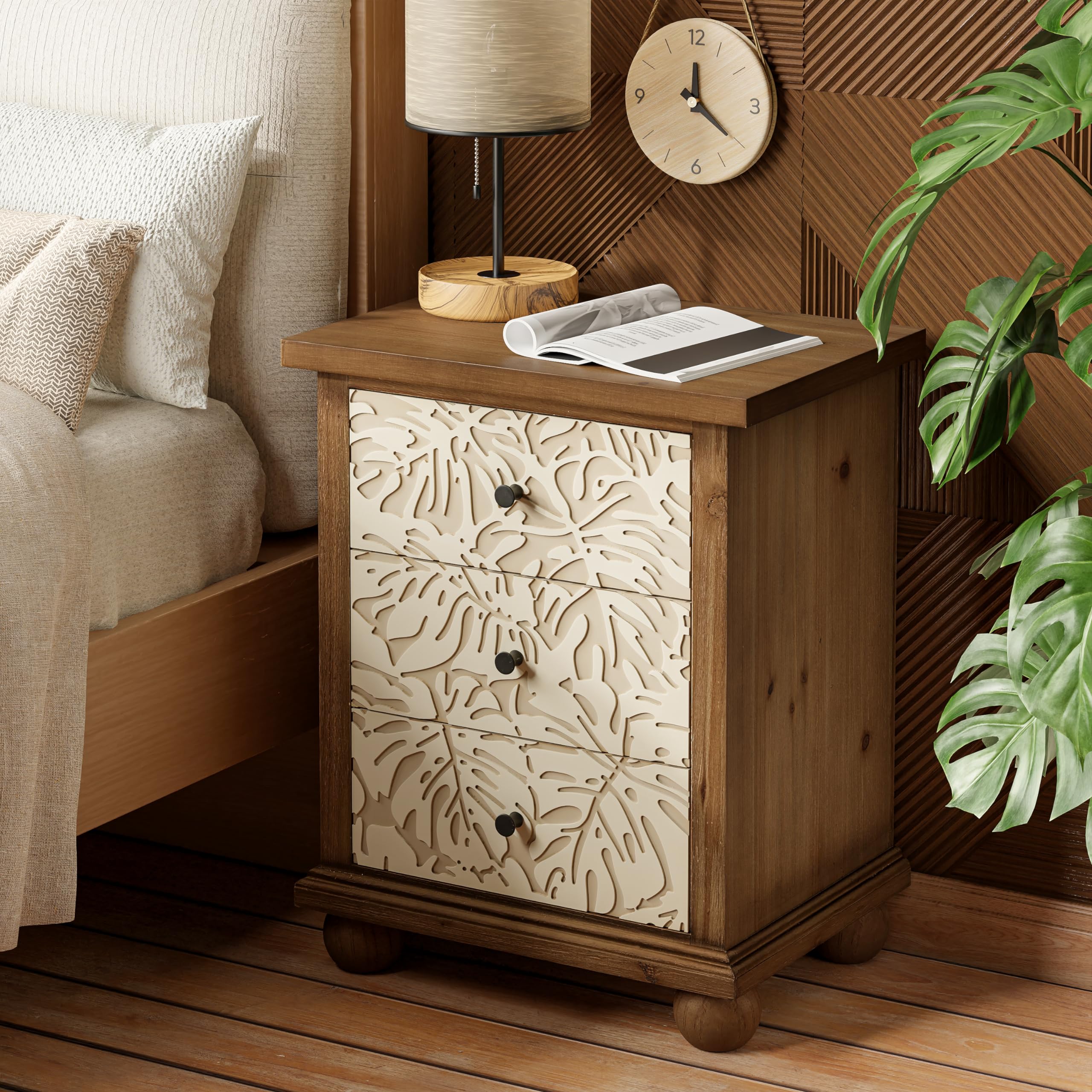 Rustic Farmhouse 3-Drawer Nightstand with Leaves Pattern Carved, Vintage French Country End Table