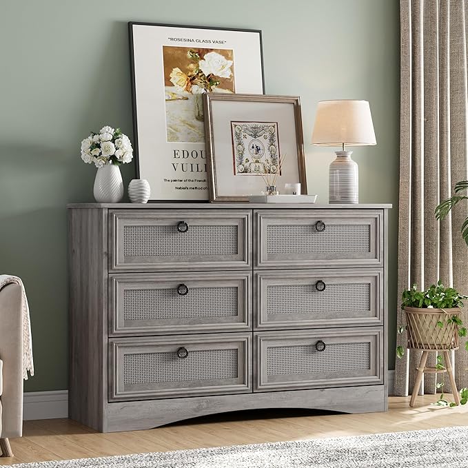6 Drawer Dresser for Bedroom, White Rattan Dresser