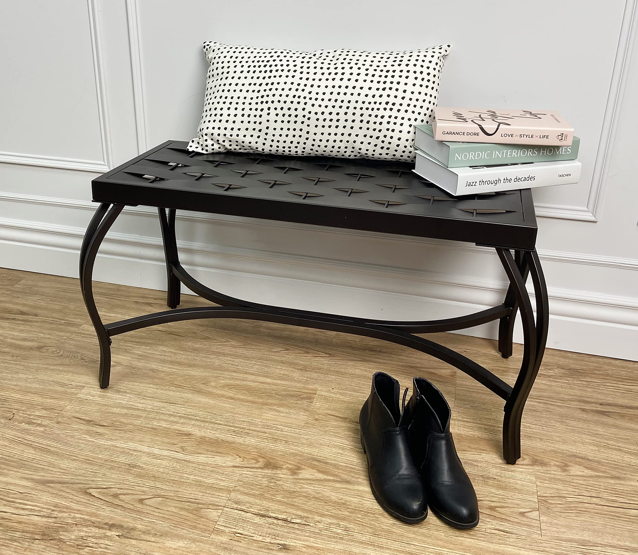 Free Standing Patio Garden Weave Bench, Metal Bronzed Black