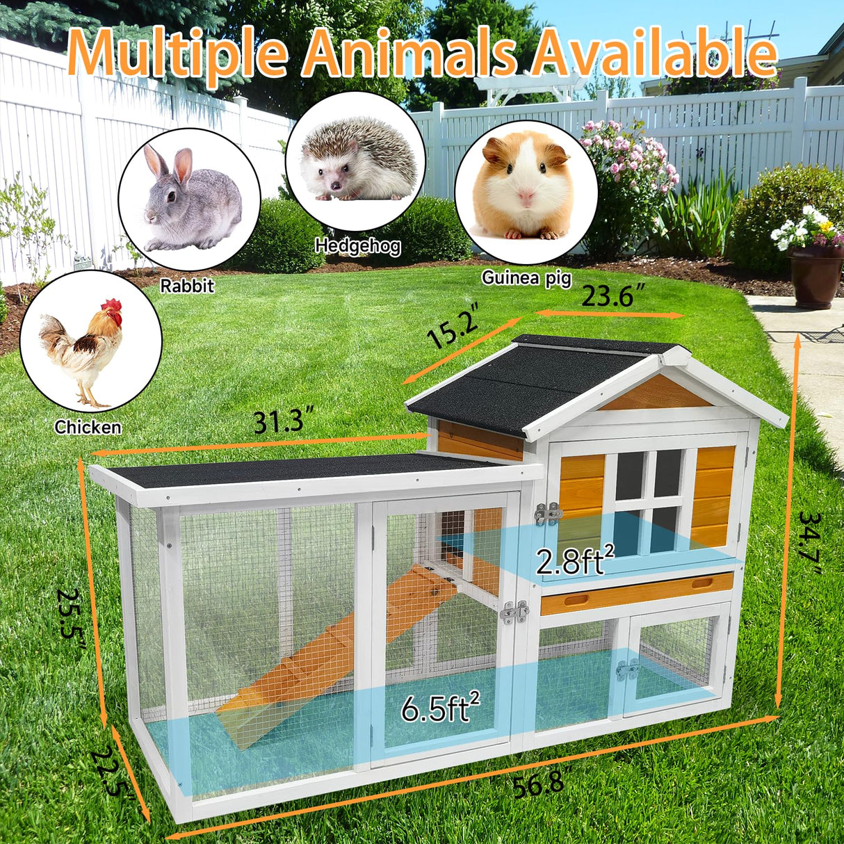 Rabbit Hutch Indoor and Outdoor 56.8" Guinea Pig Cage Chicken Coop Bunny Cage