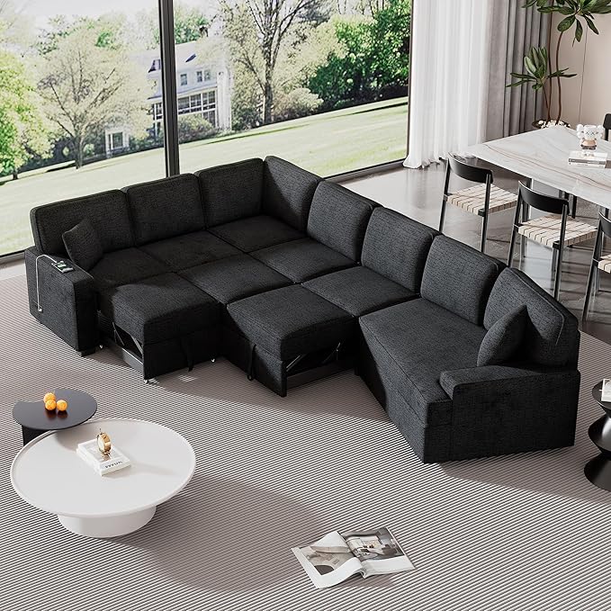 125" Pull Out Sleeper Sofa Bed with 2 Back Pillows,Oversized L-Shaped Sectional