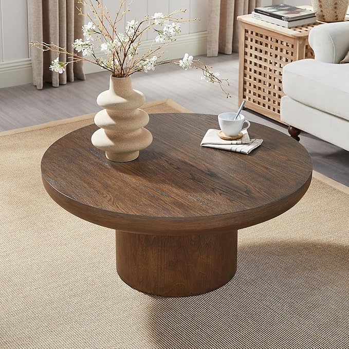 35.43 Inch Round Coffee Table, Drum Coffee Table for Living Room