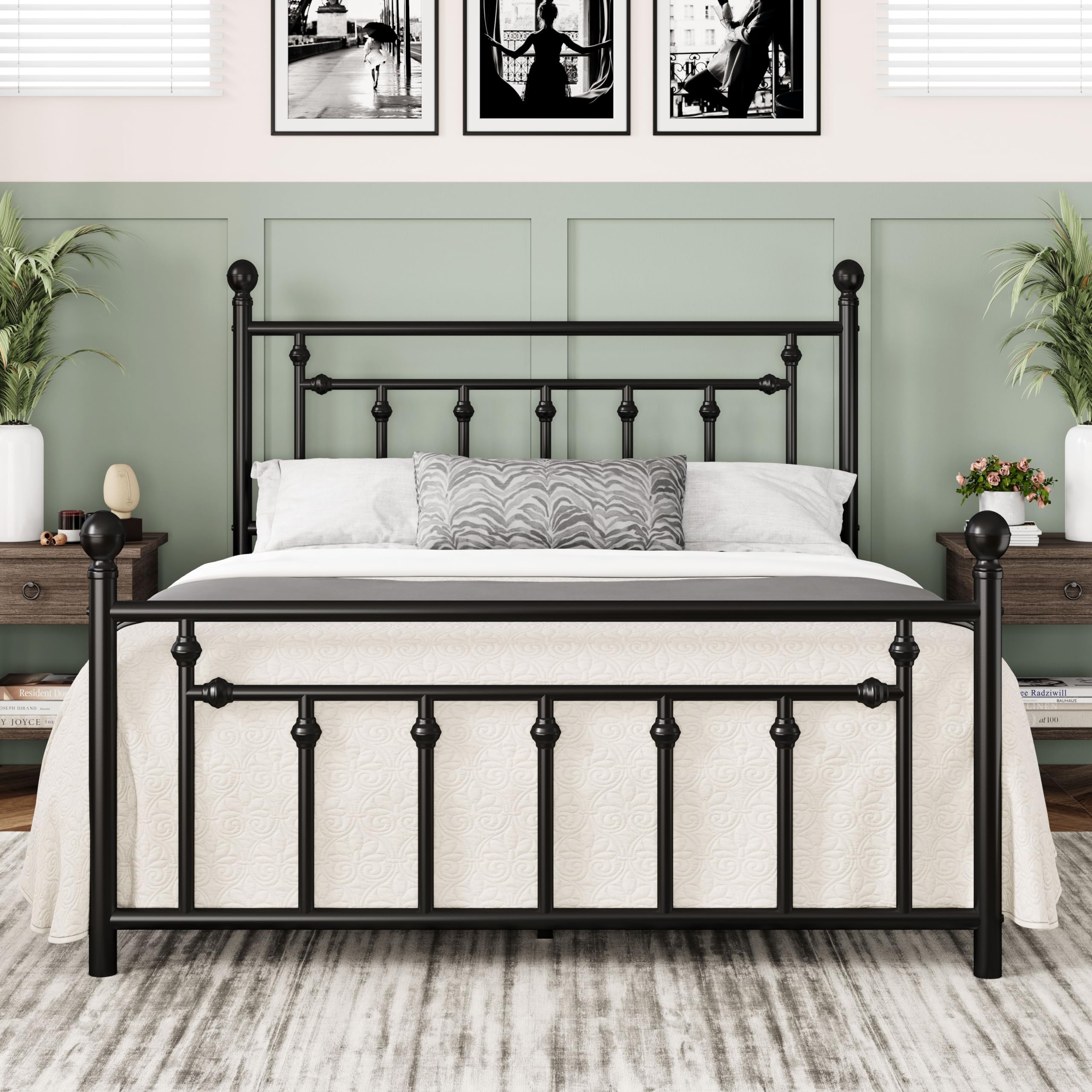 14 Inch Queen Size Metal Platform Bed Frame with Victorian Vintage