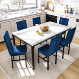 6-Piece Faux Marble Dining Table Set with Blue Velvet Chairs