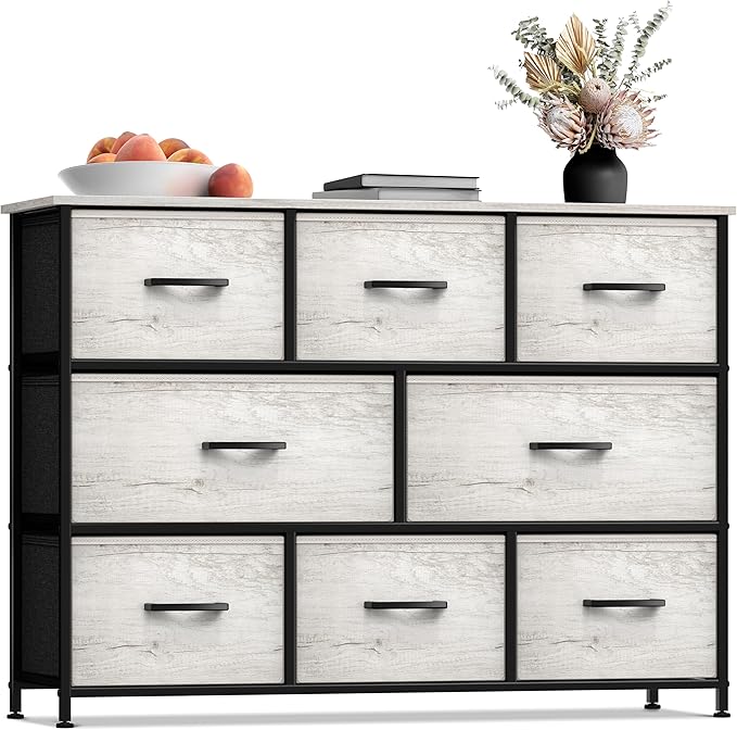 Dresser with 8 Faux Wood Drawers - Chest Organizer Unit with Steel Frame Wood Top & Handle Easy Pull Fabric