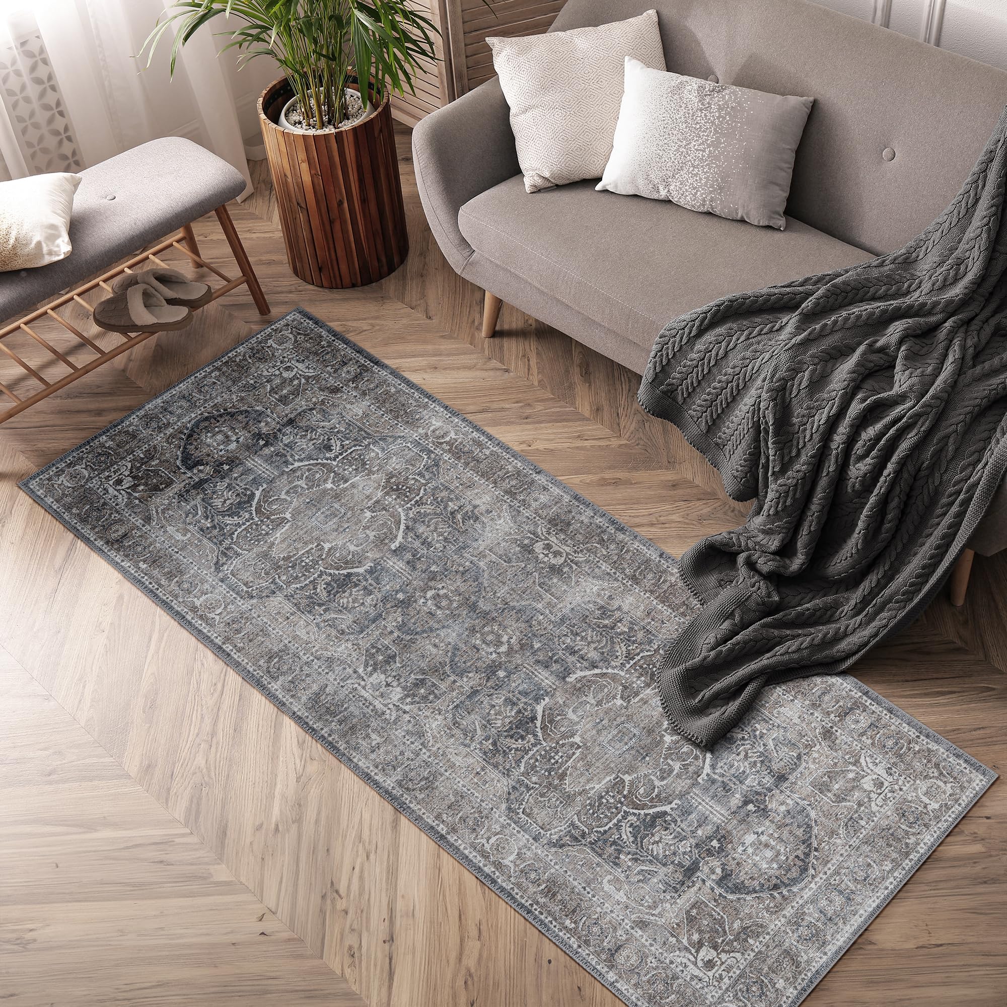 Machine Washable 2'6x6'6 Area Rug with Non Slip Backing for Living Room, Bedroom