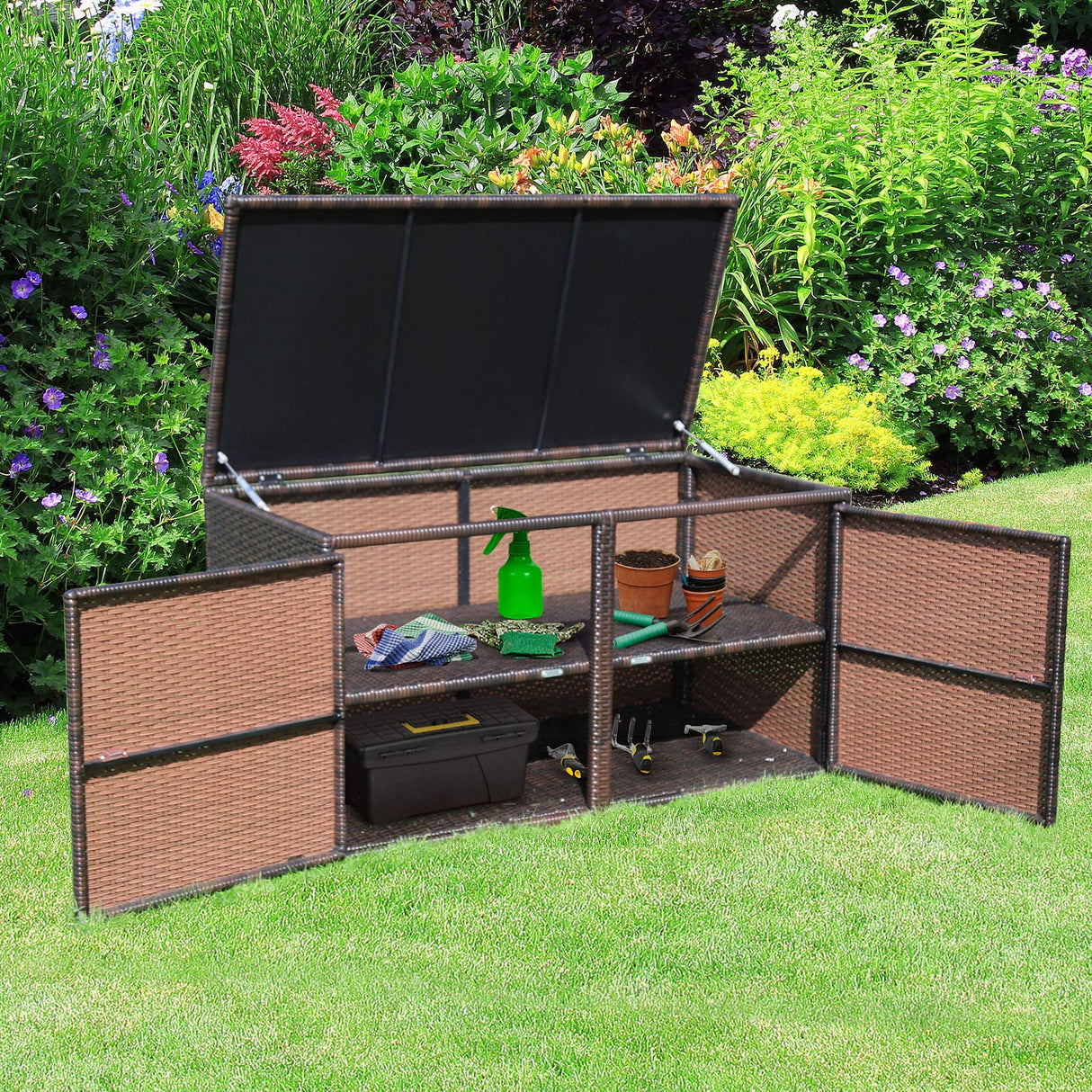 Outdoor Wicker Storage Box, Garden Deck Bin with Steel Frame, Rattan Storage Box