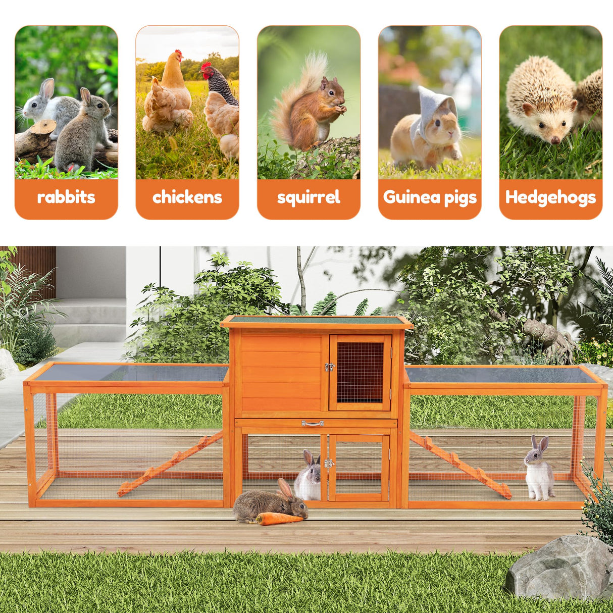 COZIWOW Extra Large Rabbit Hutch Bunny Cage Outdoor Indoor, 2-Story 94.5”L Wooden Bunny Hutch for 2 Rabbits, Big Rabbit Cage with Cleaning Tray & Waterproof Roof & Runs (Orange)