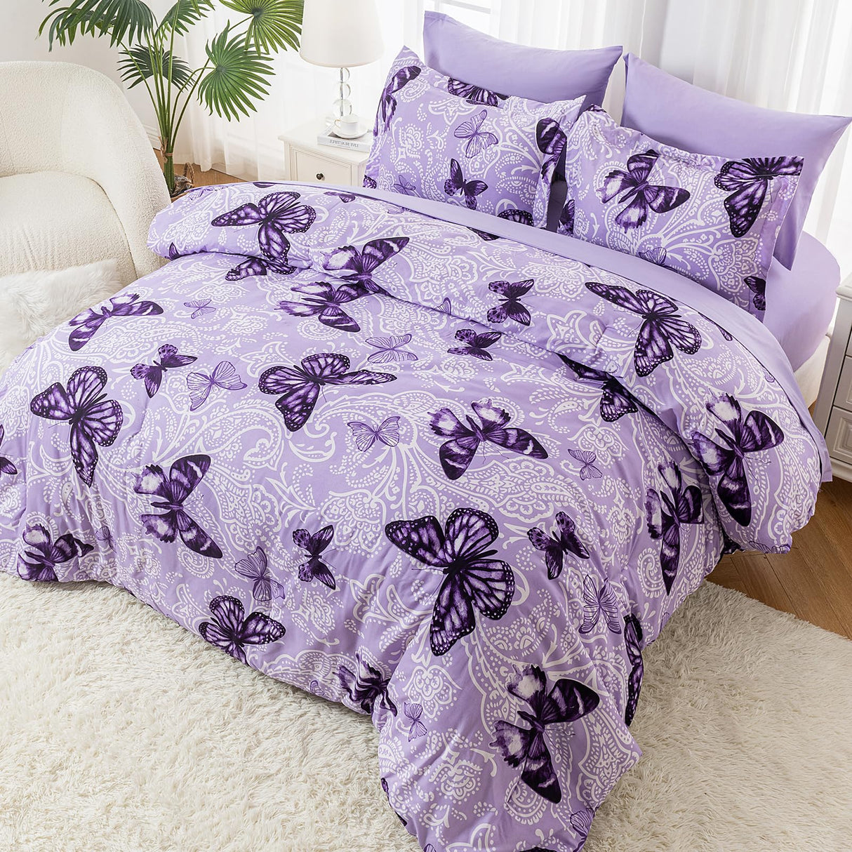 Bed in A Bag King Size 7 Pieces, Purple Paisley Butterfly Bedding Comforter Set All Season