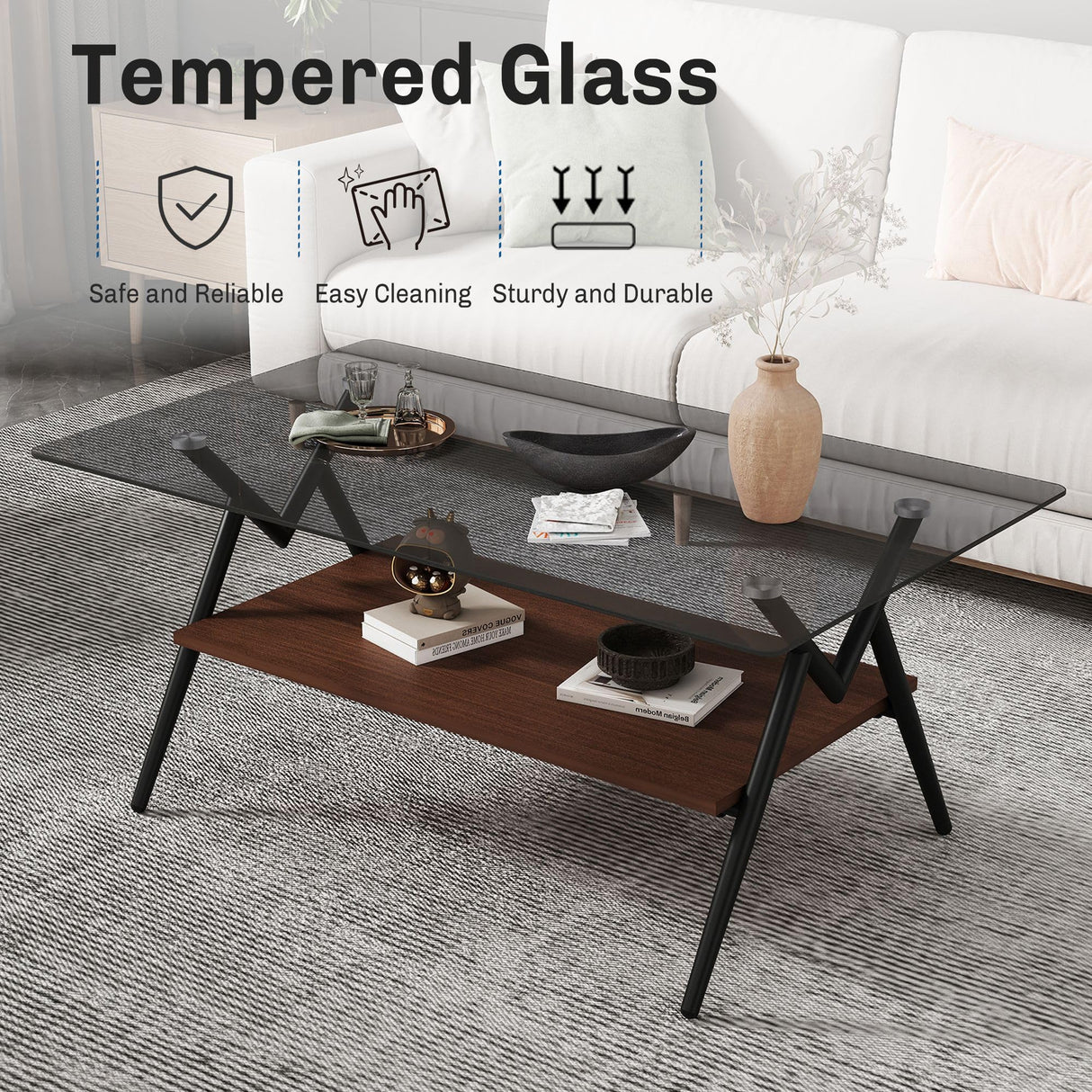 Glass Coffee Table Modern Rectangle Coffee Table with Tempered Glass Top