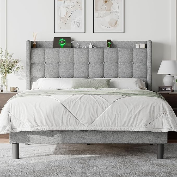 Feonase Full Size Bed Frame with Charging Station, Upholstered Platform Bed Frame with Storage Wingback Headboard, No Box Spring Needed, Easy Assembly, Beige