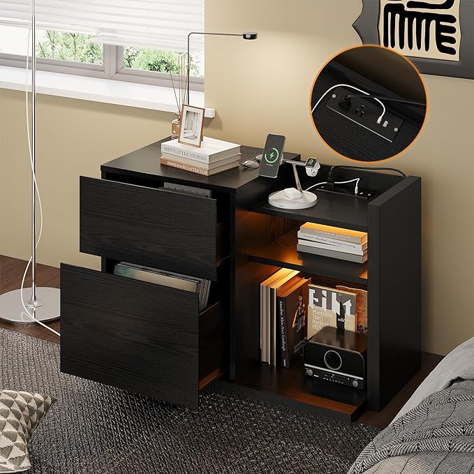 White Night Stand with Shelves, Charging Station & LED, 2 Drawer Wooden Bedside Table