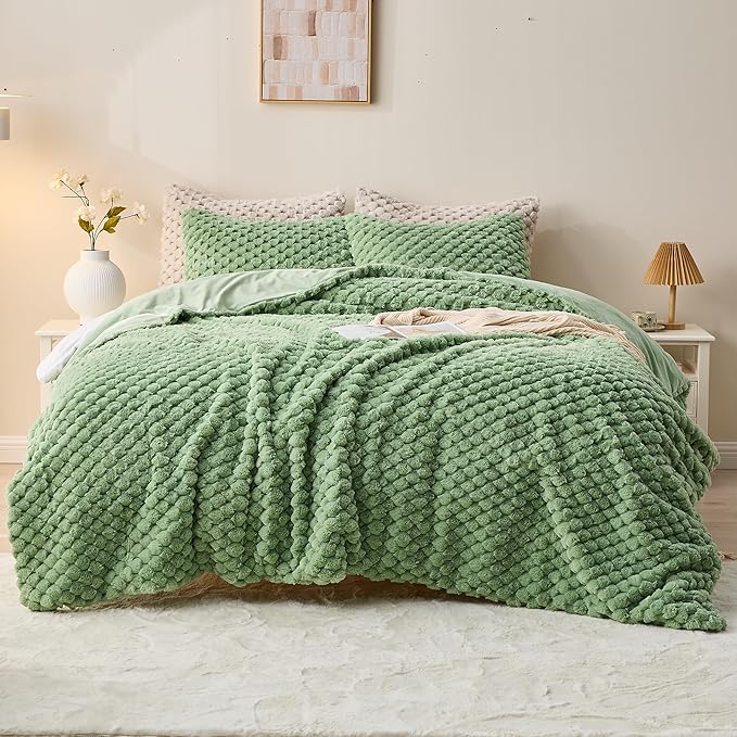 Fluffy Faux Fur Comforter Set, Plush Fuzzy Minky Bedding Set