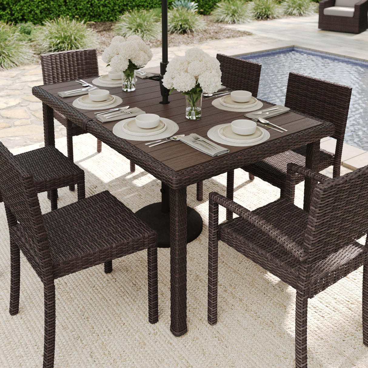 Bedford 60" Indoor-Outdoor Patio Table with Faux Wood Top and Rattan Wicker
