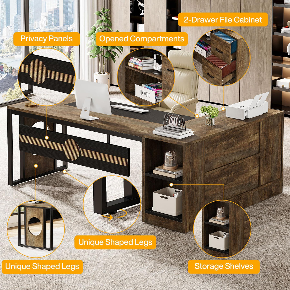 L Shaped Desk with 55-Inch Storage Cabinet, Extra Large Executive Office