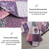 Purple Quilt Set Queen Size, Reversible Floral Plaid Patchwork Pattern Bedding