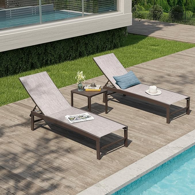 Patio Chaise Lounge Chair Set, 3PCS Outdoor Recliner Lounge Chair with Side Table