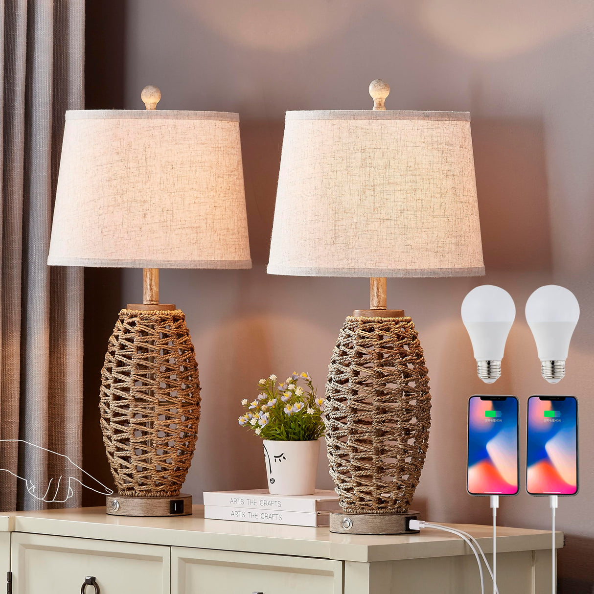 27” Natural Rattan Table Lamps Set of 2,Touch Switch,3-Way Dimmable Bedside Lamps