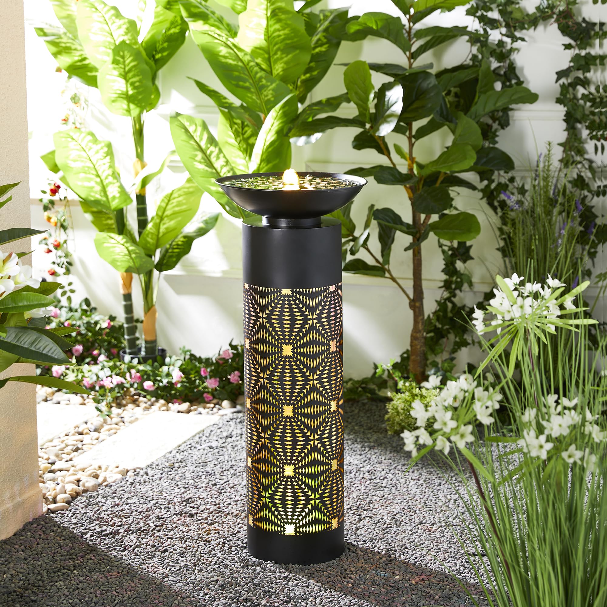 Metal Fountain Outdoor Bird Bath Water Fountains with LED Light, Pump & Adapte