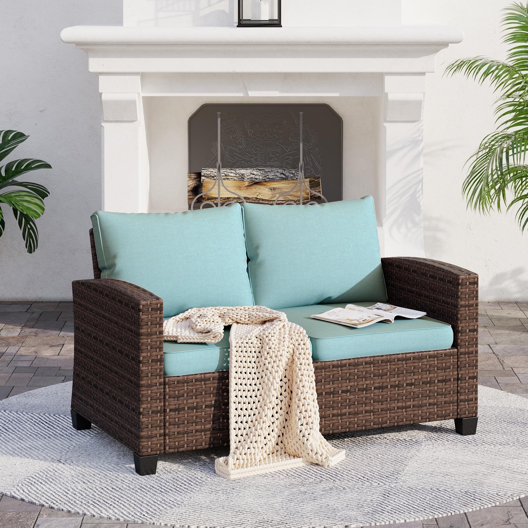 Loveseat Patio Sofa，Outdoor 2-seat Wicker Rattan Patio Sofa