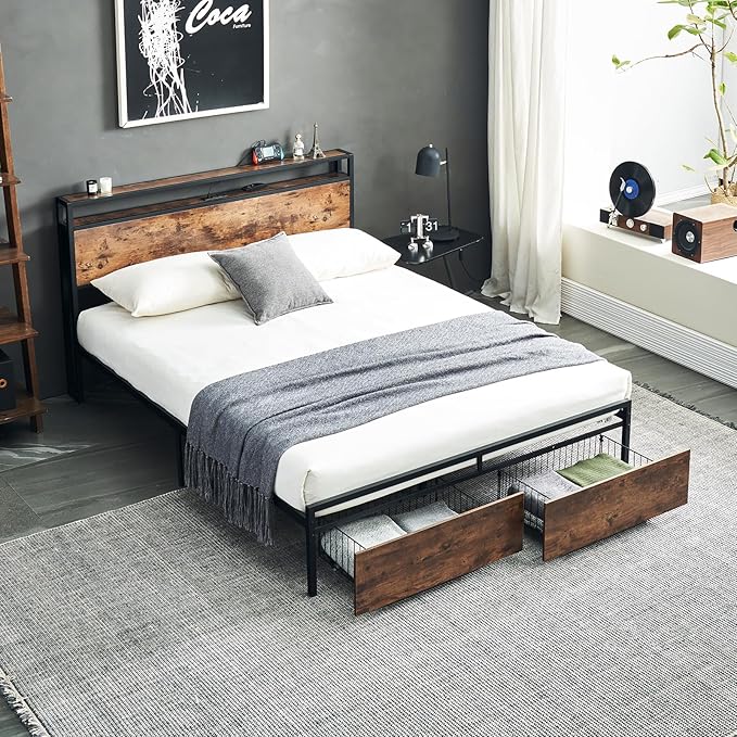 Full Bed Frame,Storage Headboard with Charging Station,Platform Bed