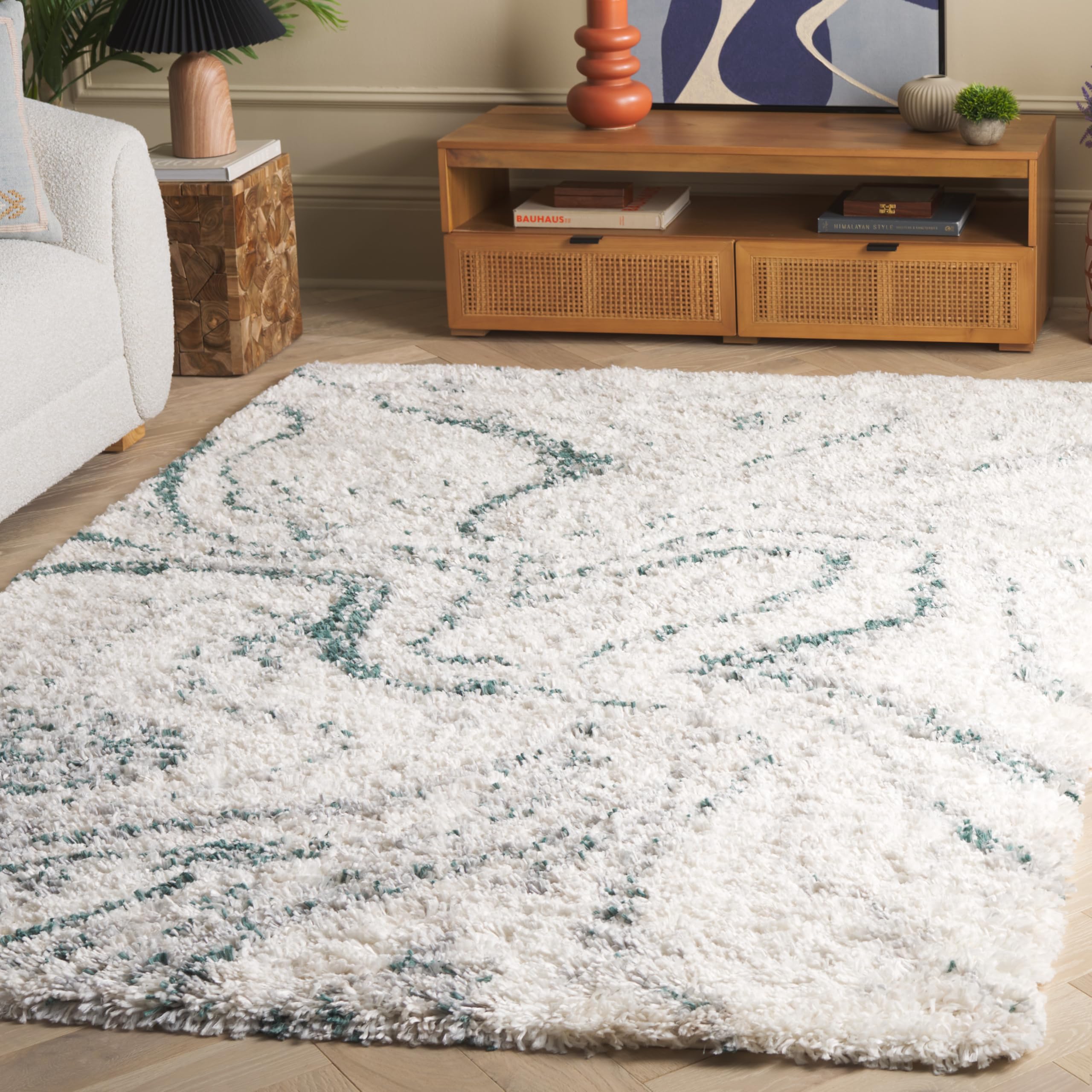 SAFAVIEH Fontana Shag Collection Area Rug - 10' x 14', Ivory & Green, Modern Design, Non-Shedding & Easy Care, 2-inch Thick, Ideal for The Living Room, Dining, Bedroom (FNT848B)